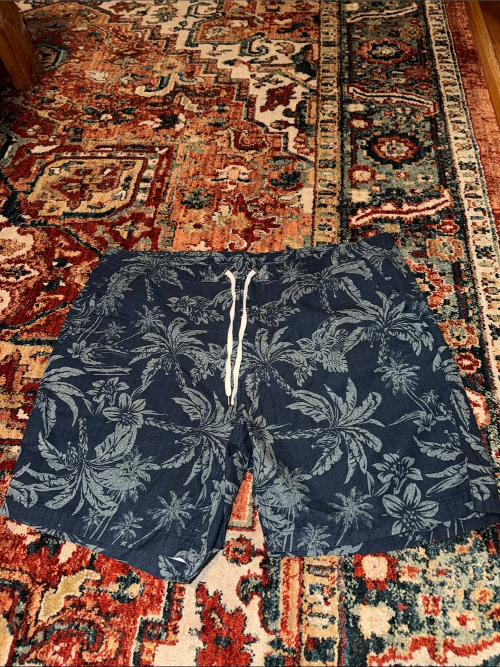 Polo by Ralph Lauren Navy Tropical Palm Print Swim Trunks with White Drawstring